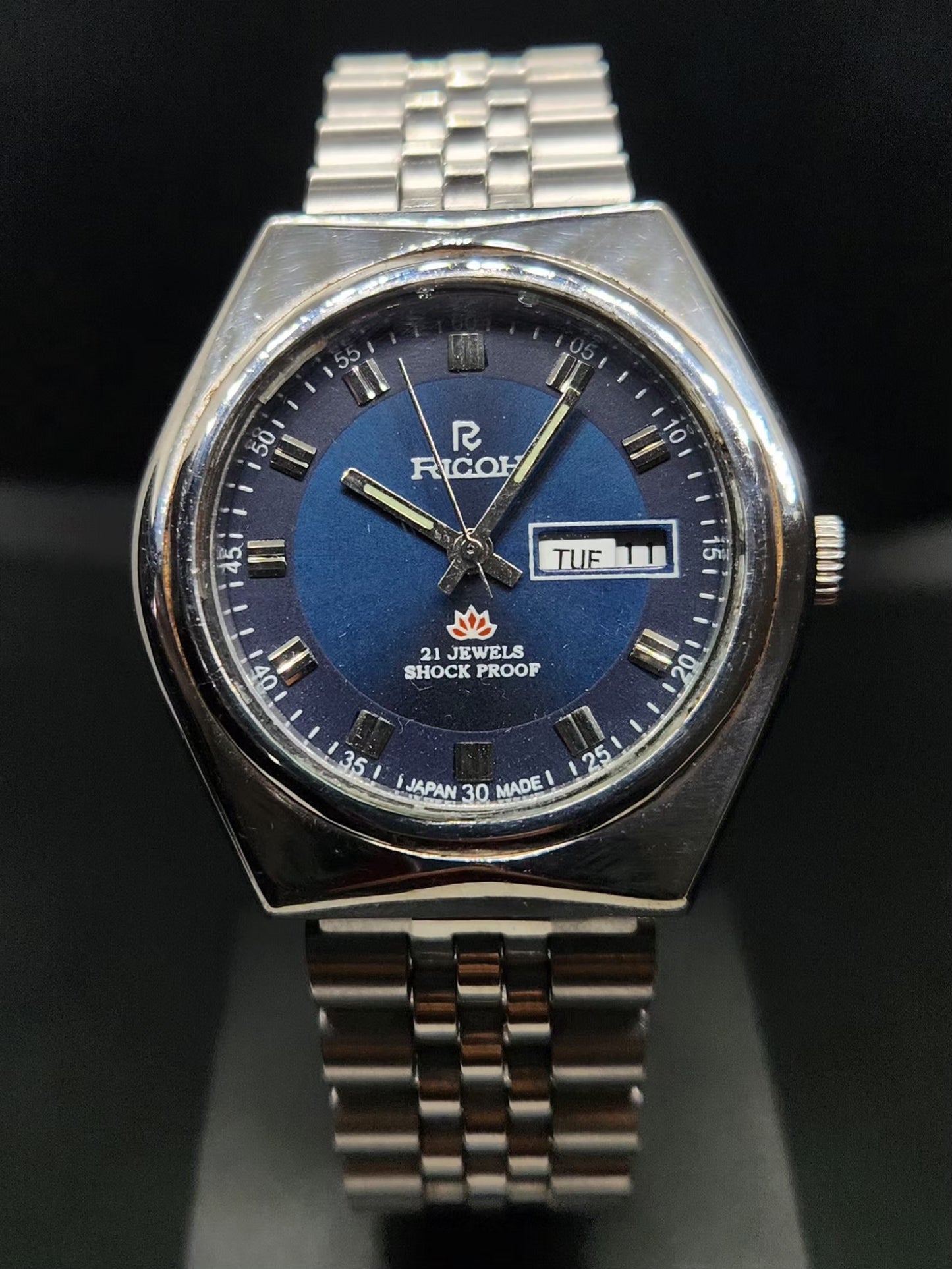 Vintage Ricoh R31 Automatic Blue Face New Bracelet 21 Jewels Day Date Men's Wrist Watch AS01