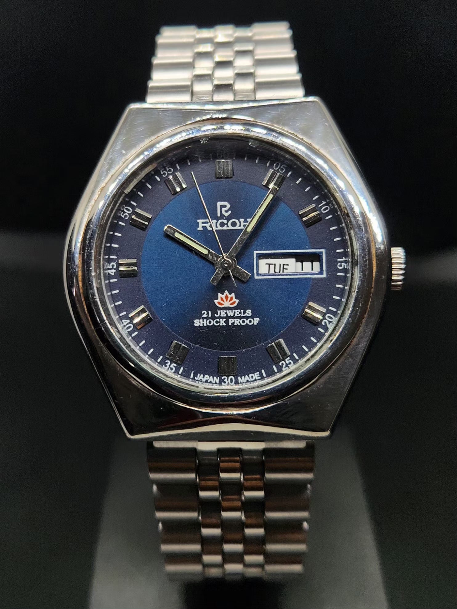 Vintage Ricoh R31 Automatic Blue Face New Bracelet 21 Jewels Day Date Men's Wrist Watch AS01