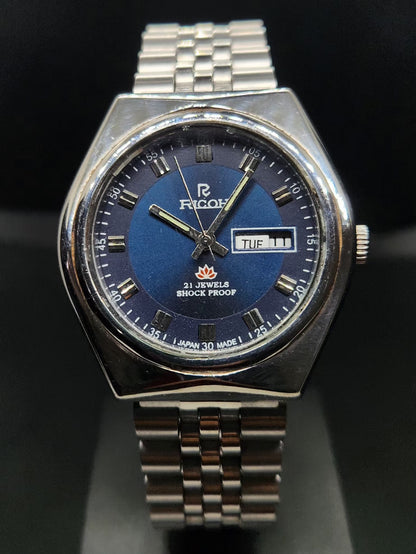 Vintage Ricoh R31 Automatic Blue Face New Bracelet 21 Jewels Day Date Men's Wrist Watch AS01