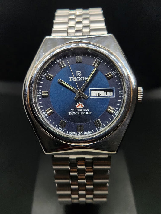 Vintage Ricoh R31 Automatic Blue Face New Bracelet 21 Jewels Day Date Men's Wrist Watch AS01