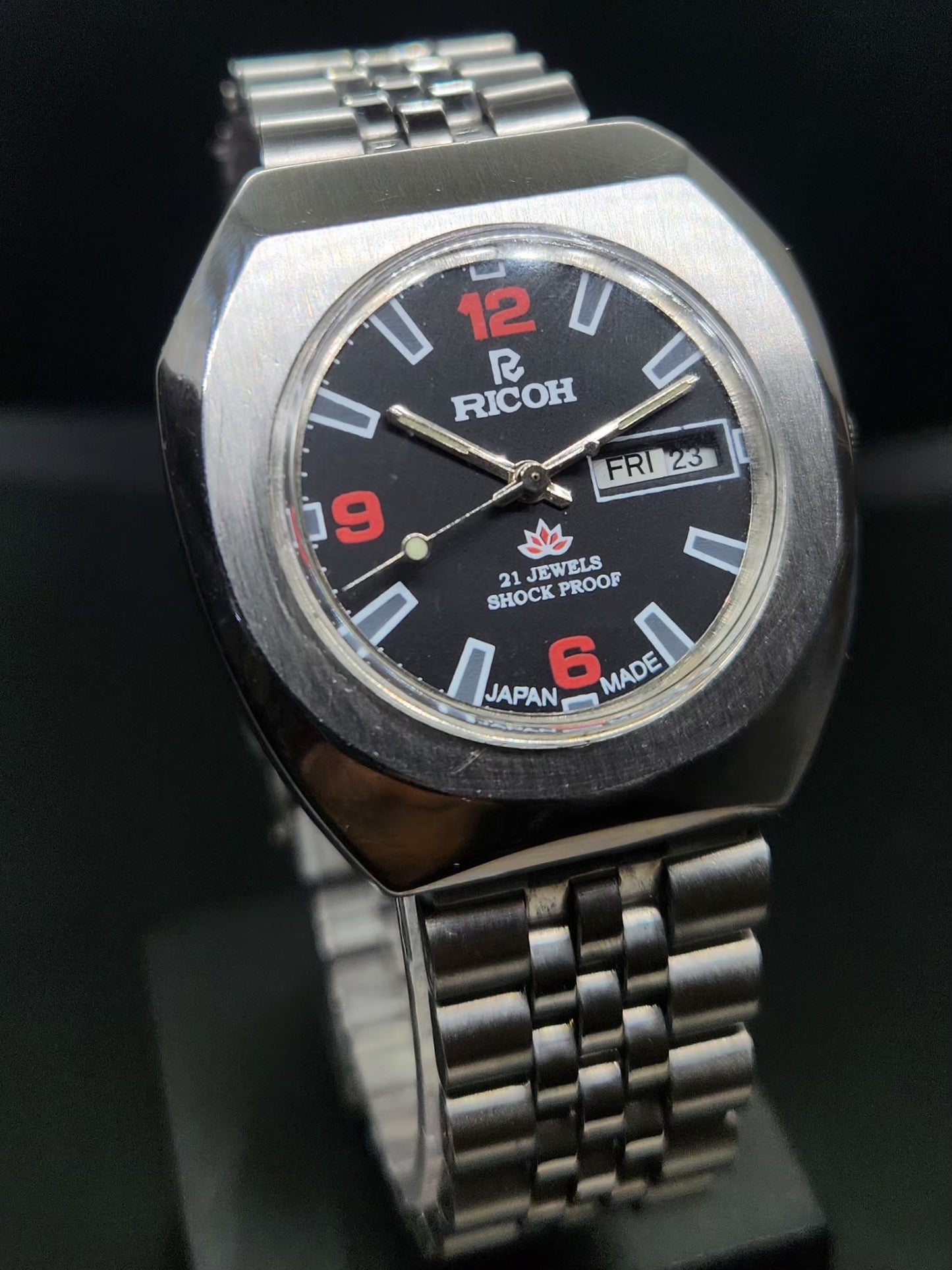 Vintage Ricoh R31 Automatic Black Face New Bracelet 21 Jewels Day Date Men's Wrist Watch AS02