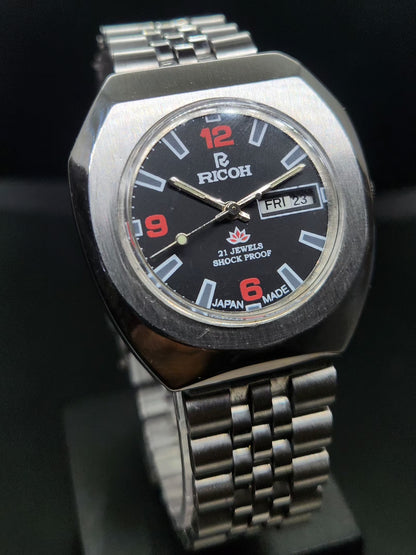Vintage Ricoh R31 Automatic Black Face New Bracelet 21 Jewels Day Date Men's Wrist Watch AS02