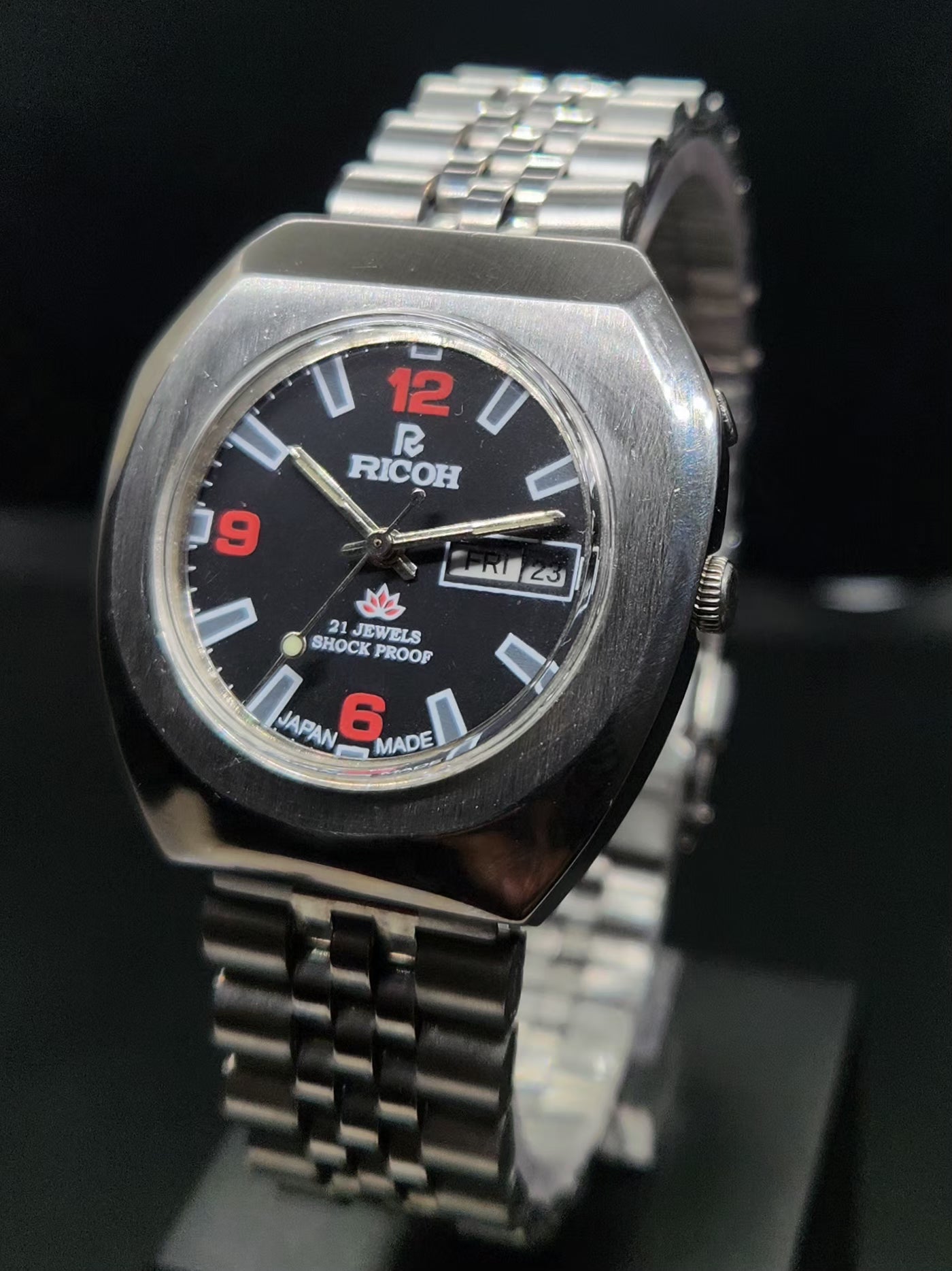 Vintage Ricoh R31 Automatic Black Face New Bracelet 21 Jewels Day Date Men's Wrist Watch AS02