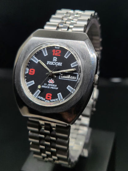 Vintage Ricoh R31 Automatic Black Face New Bracelet 21 Jewels Day Date Men's Wrist Watch AS02
