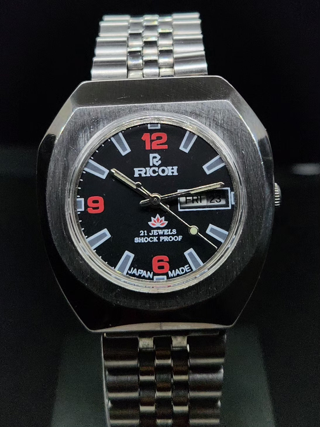 Vintage Ricoh R31 Automatic Black Face New Bracelet 21 Jewels Day Date Men's Wrist Watch AS02