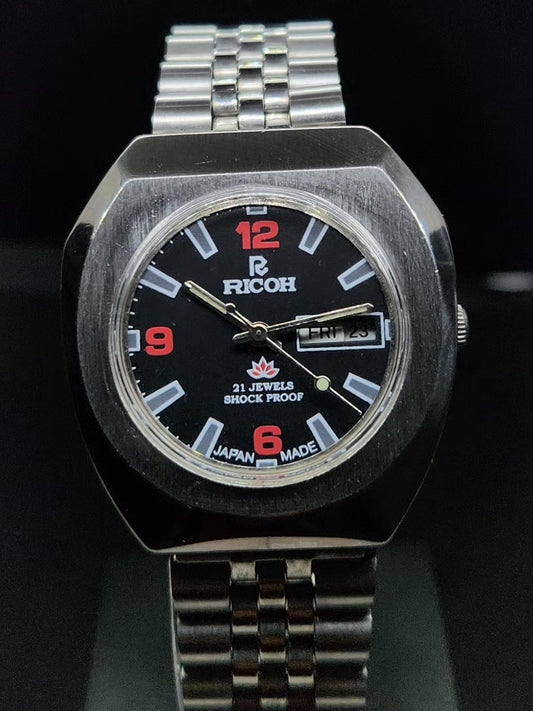 Vintage Ricoh R31 Automatic Black Face New Bracelet 21 Jewels Day Date Men's Wrist Watch AS02