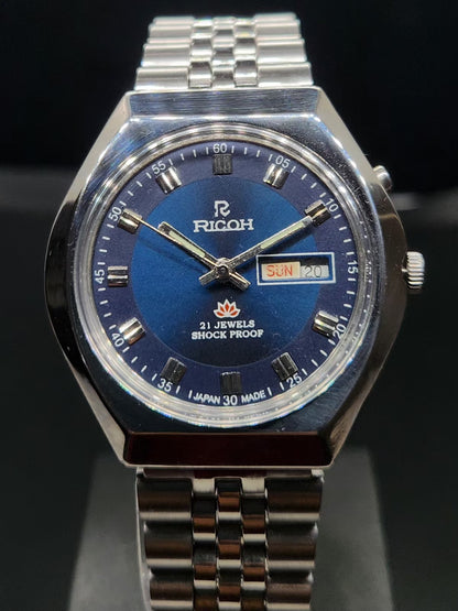 Vintage Ricoh R31 Automatic Blue Face New Bracelet 21 Jewels Day Date Men's Wrist Watch AS03