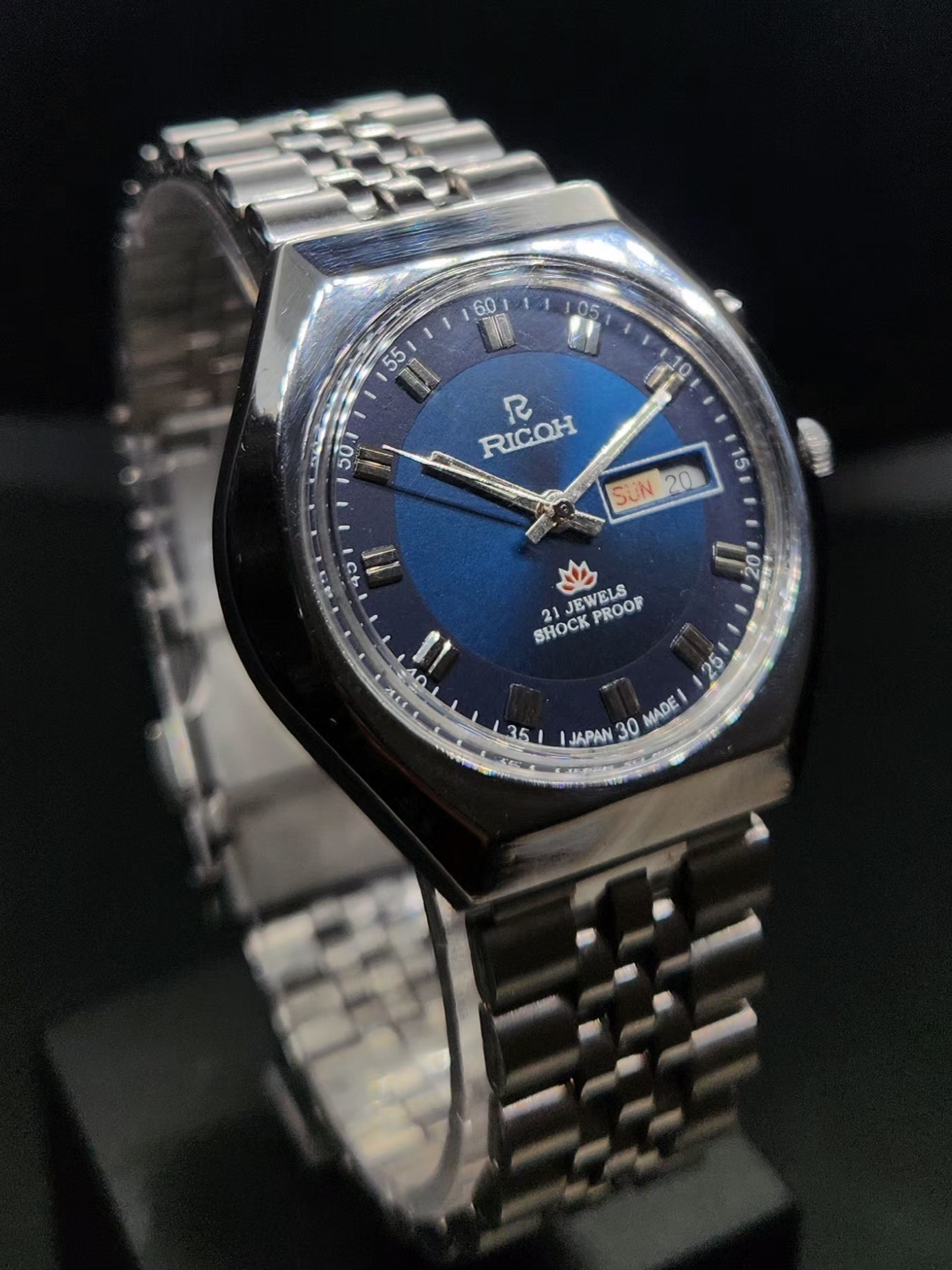 Vintage Ricoh R31 Automatic Blue Face New Bracelet 21 Jewels Day Date Men's Wrist Watch AS03