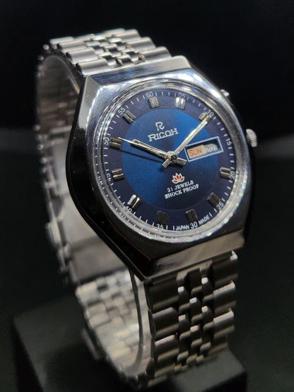 Vintage Ricoh R31 Automatic Blue Face New Bracelet 21 Jewels Day Date Men's Wrist Watch AS03