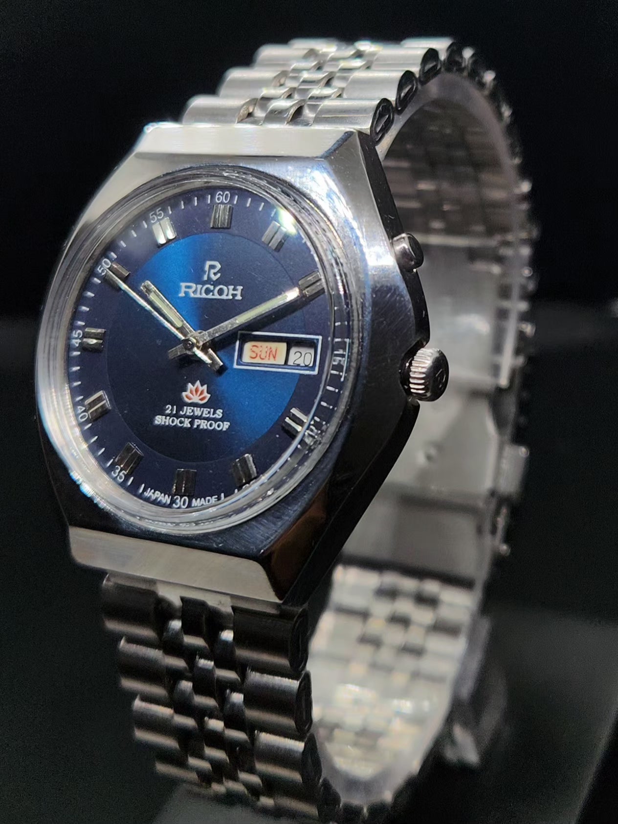 Vintage Ricoh R31 Automatic Blue Face New Bracelet 21 Jewels Day Date Men's Wrist Watch AS03