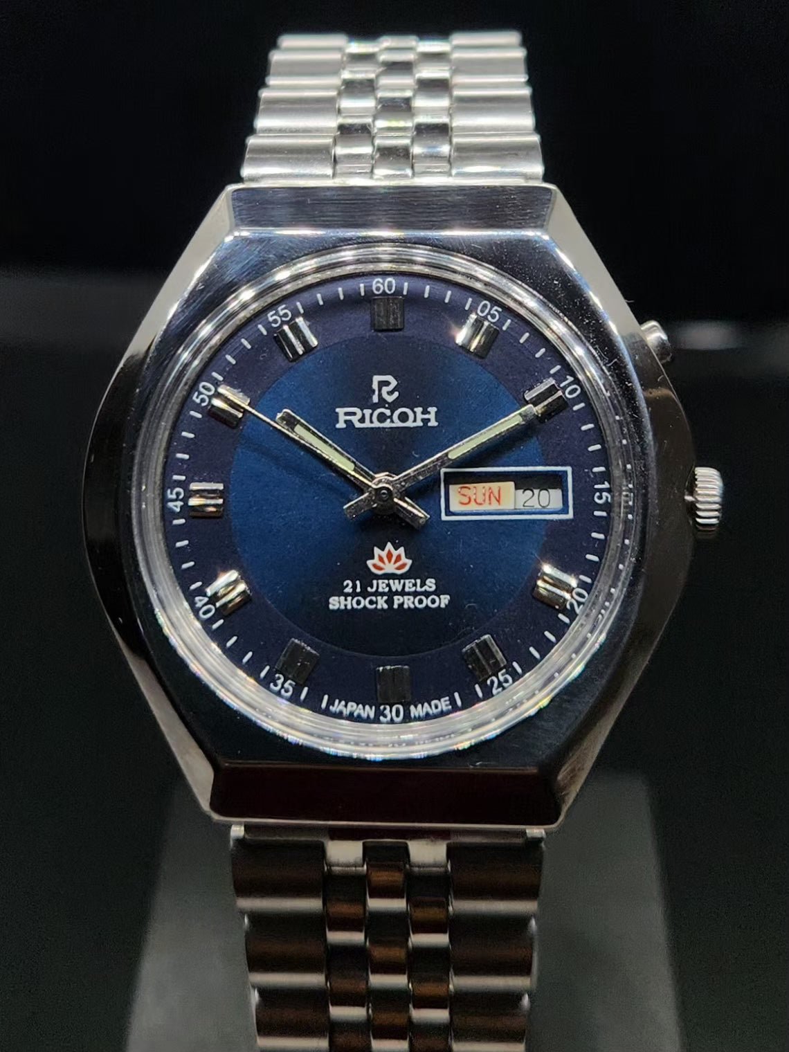 Vintage Ricoh R31 Automatic Blue Face New Bracelet 21 Jewels Day Date Men's Wrist Watch AS03