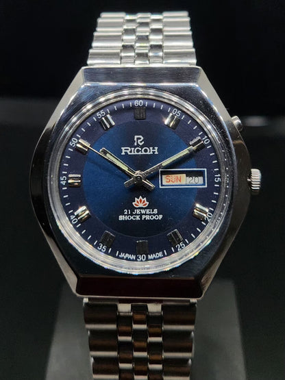 Vintage Ricoh R31 Automatic Blue Face New Bracelet 21 Jewels Day Date Men's Wrist Watch AS03