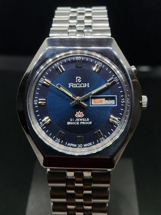 Vintage Ricoh R31 Automatic Blue Face New Bracelet 21 Jewels Day Date Men's Wrist Watch AS03