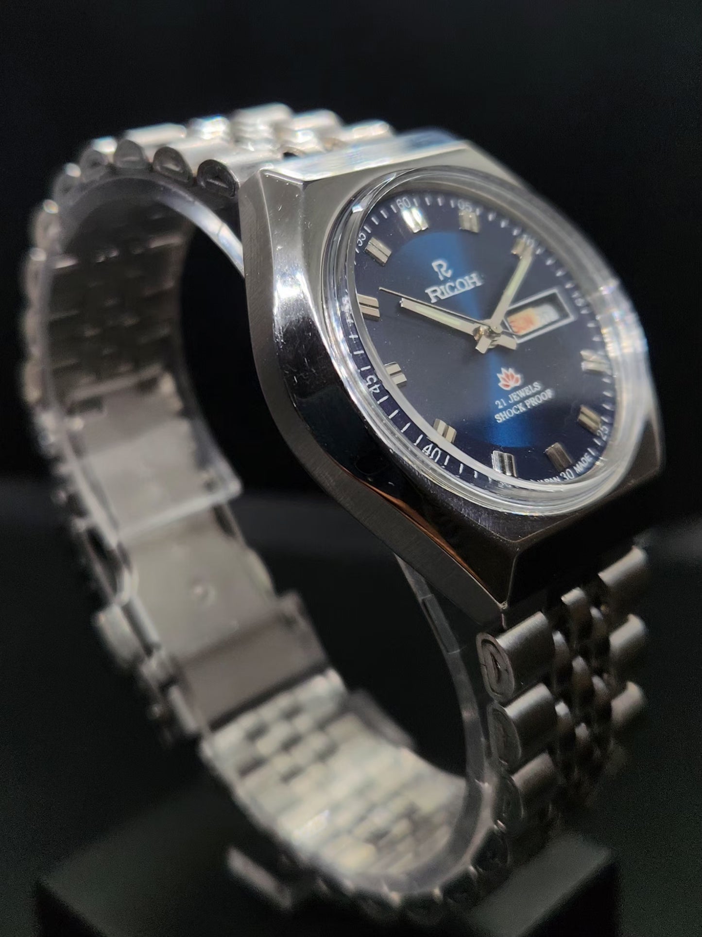 Vintage Ricoh R31 Automatic Blue Face New Bracelet 21 Jewels Day Date Men's Wrist Watch AS03