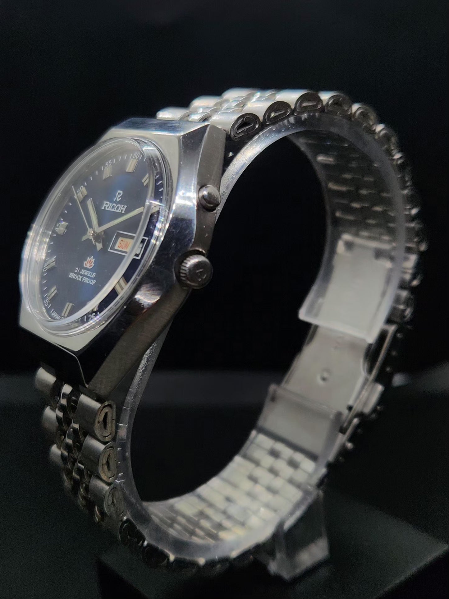 Vintage Ricoh R31 Automatic Blue Face New Bracelet 21 Jewels Day Date Men's Wrist Watch AS03