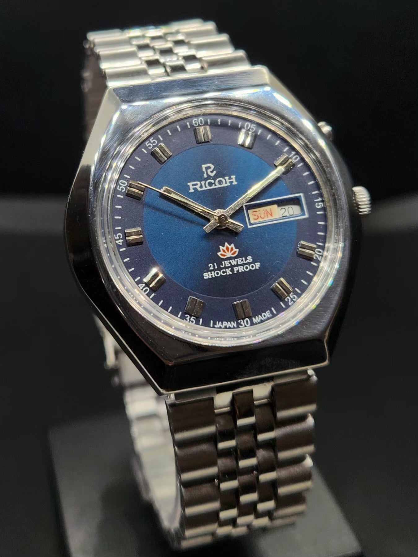Vintage Ricoh R31 Automatic Blue Face New Bracelet 21 Jewels Day Date Men's Wrist Watch AS03