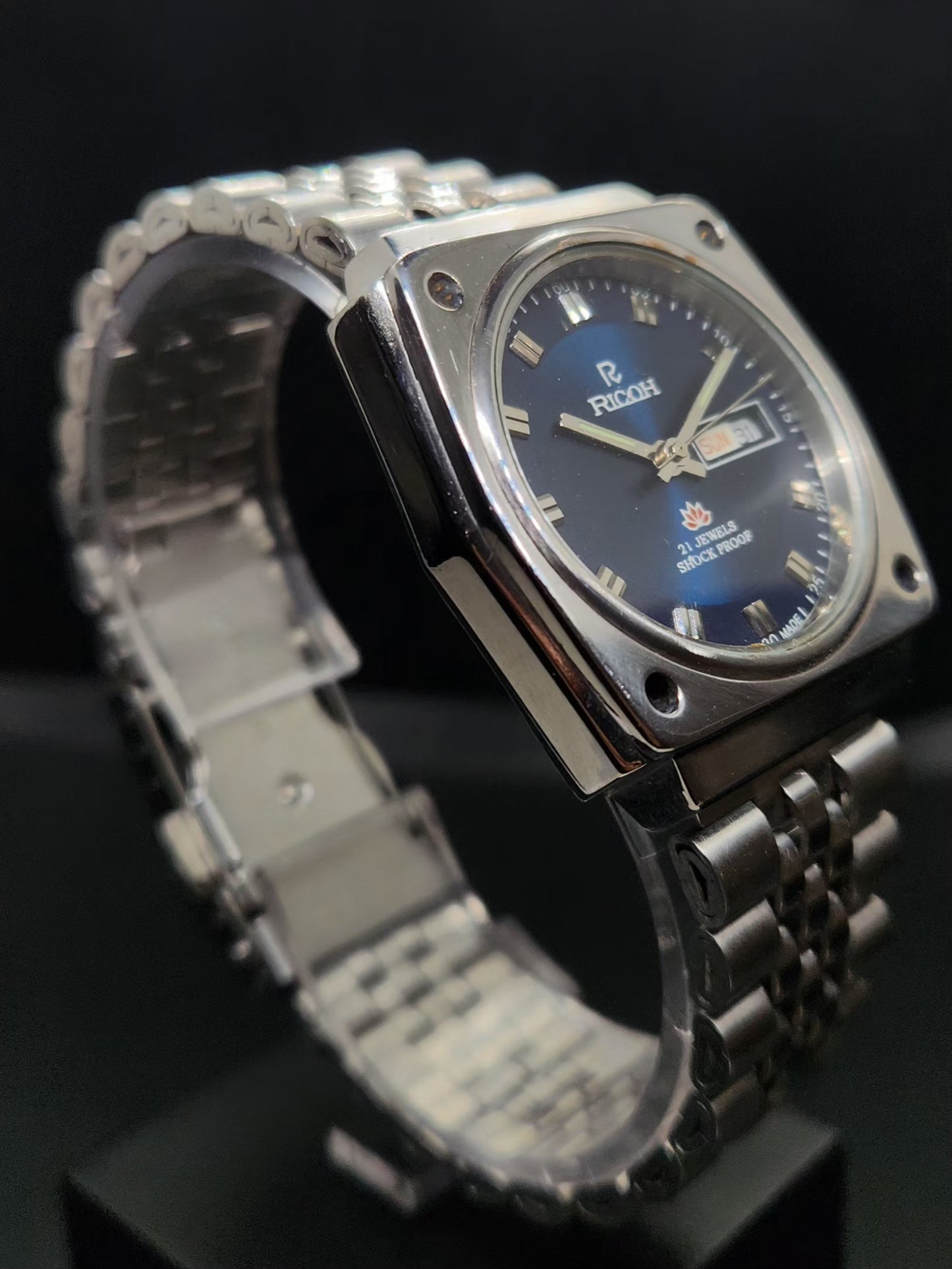Vintage Ricoh R31 Automatic Blue Face New Bracelet 21 Jewels Day-Date Men's Wrist Watch AS04