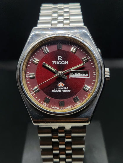 Vintage Ricoh R31 Automatic Red Face New Bracelet 21 Jewels Day-Date Men's Wrist Watch AS05