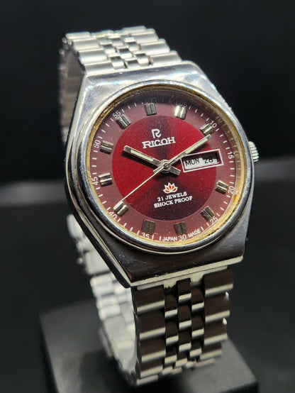 Vintage Ricoh R31 Automatic Red Face New Bracelet 21 Jewels Day-Date Men's Wrist Watch AS05