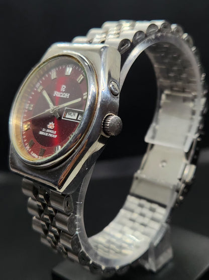Vintage Ricoh R31 Automatic Red Face New Bracelet 21 Jewels Day-Date Men's Wrist Watch AS05