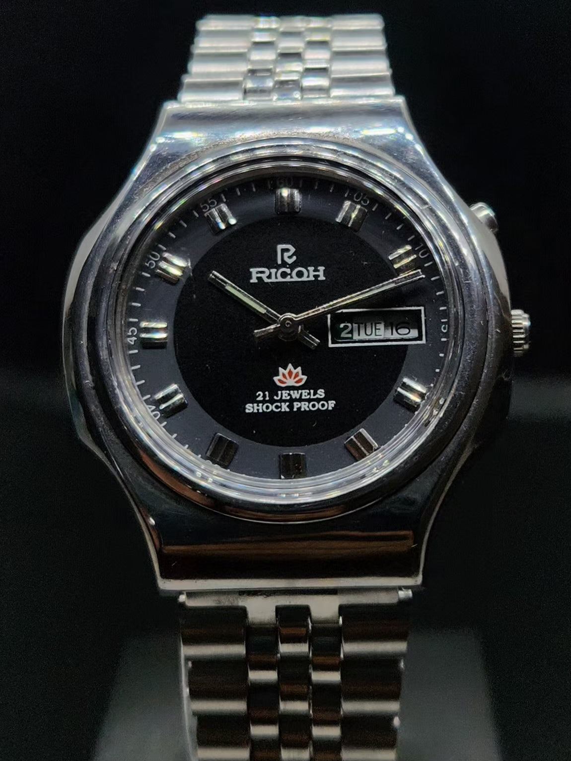 Vintage Ricoh R31 Automatic Black Face New Bracelet 21 Jewels Day-Date Men's Wrist Watch AS06