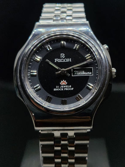 Vintage Ricoh R31 Automatic Black Face New Bracelet 21 Jewels Day-Date Men's Wrist Watch AS06