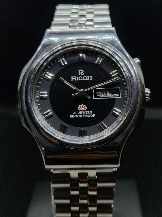 Vintage Ricoh R31 Automatic Black Face New Bracelet 21 Jewels Day-Date Men's Wrist Watch AS06