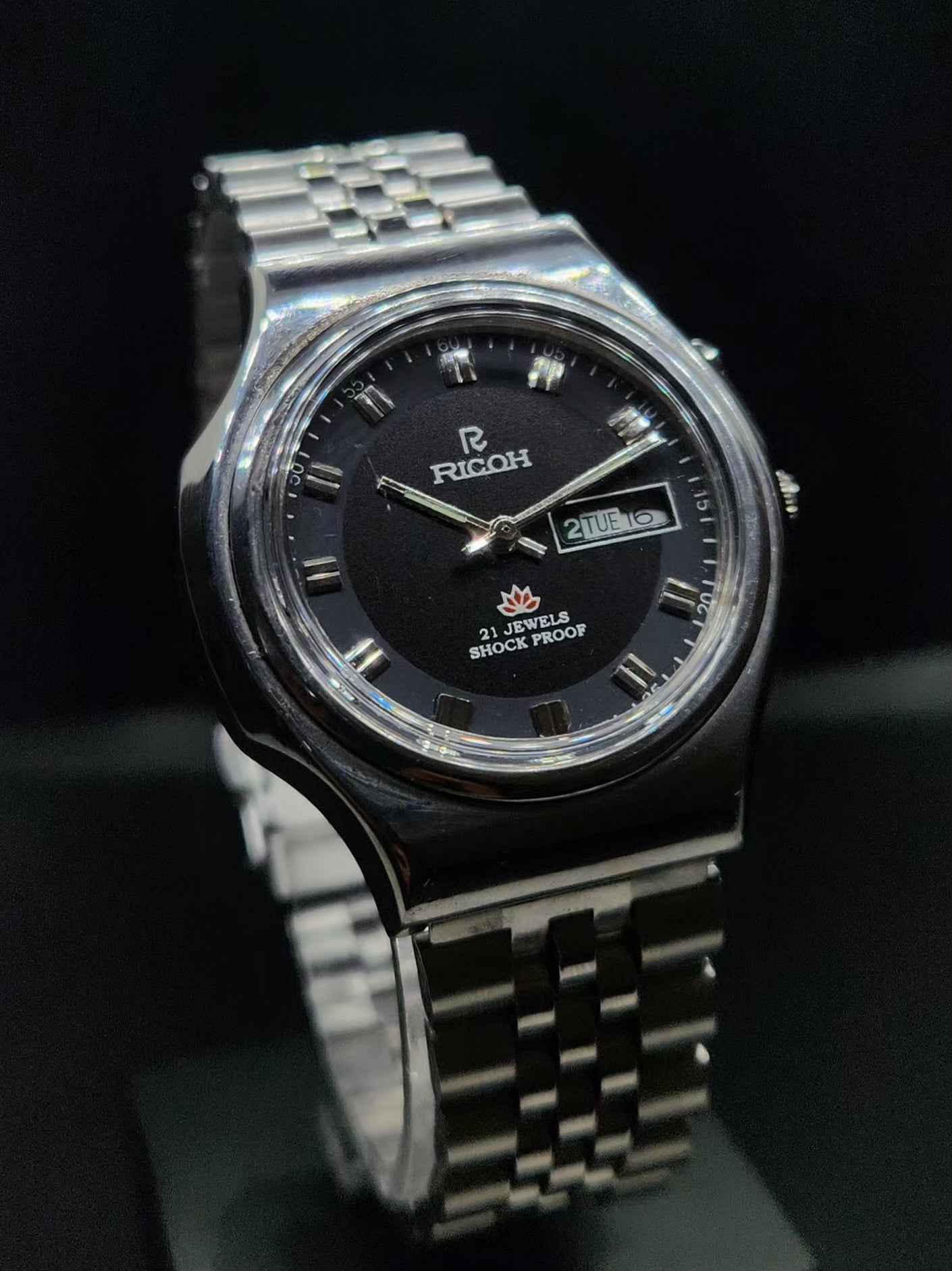 Vintage Ricoh R31 Automatic Black Face New Bracelet 21 Jewels Day-Date Men's Wrist Watch AS06