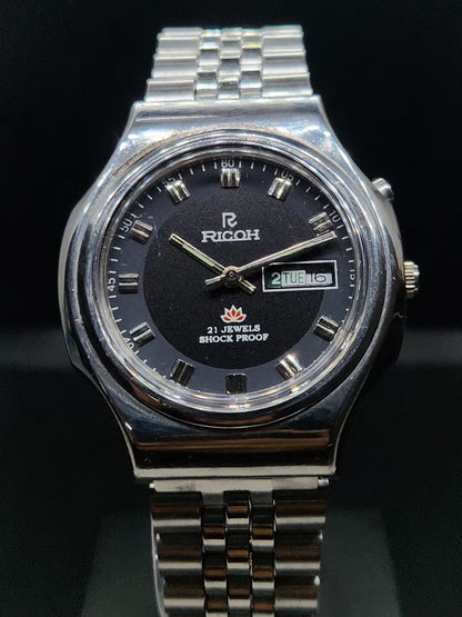 Vintage Ricoh R31 Automatic Black Face New Bracelet 21 Jewels Day-Date Men's Wrist Watch AS06