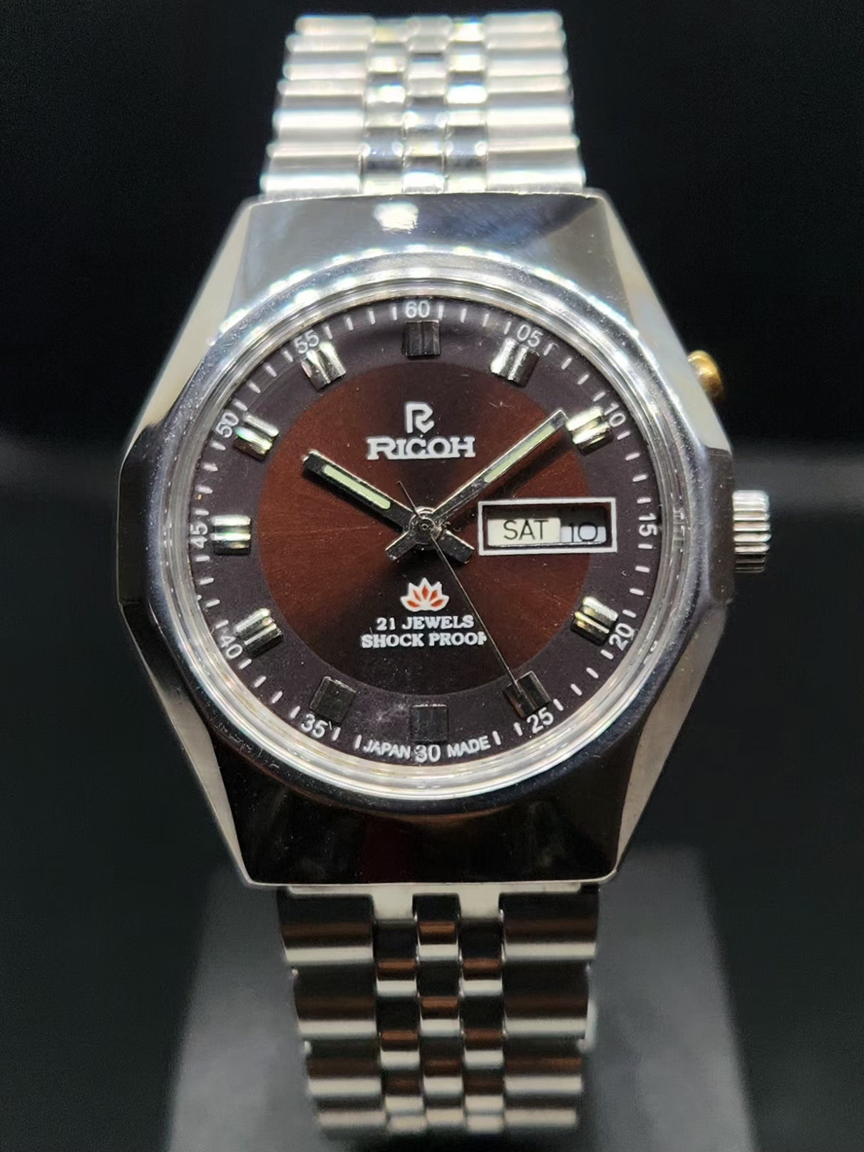 Vintage Ricoh R31 Automatic Brown Face New Bracelet 21 Jewels Day-Date Men's Wrist Watch AS07