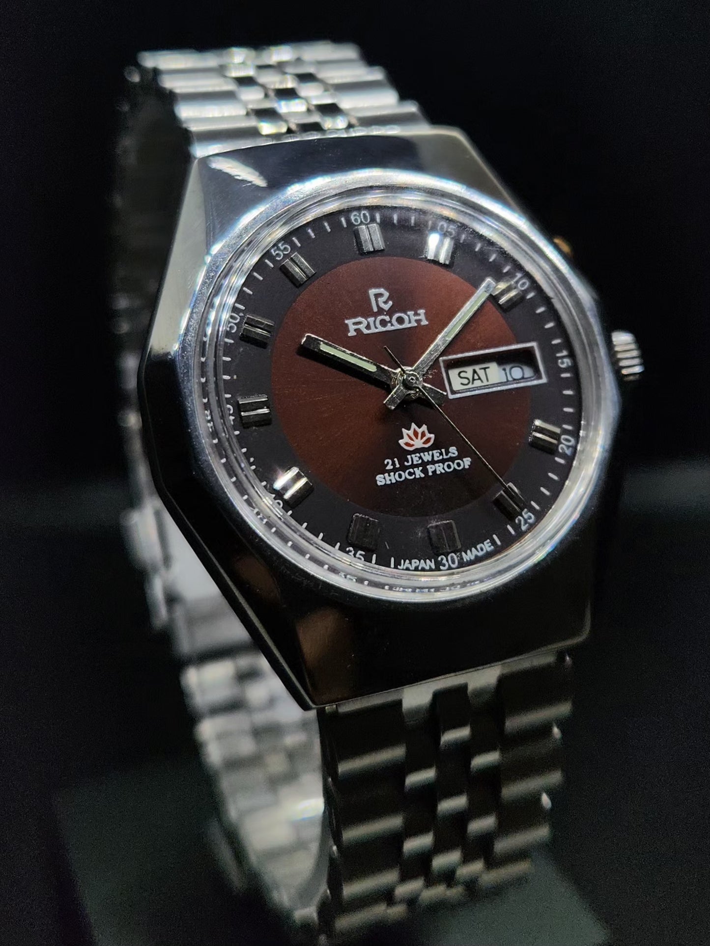Vintage Ricoh R31 Automatic Brown Face New Bracelet 21 Jewels Day-Date Men's Wrist Watch AS07