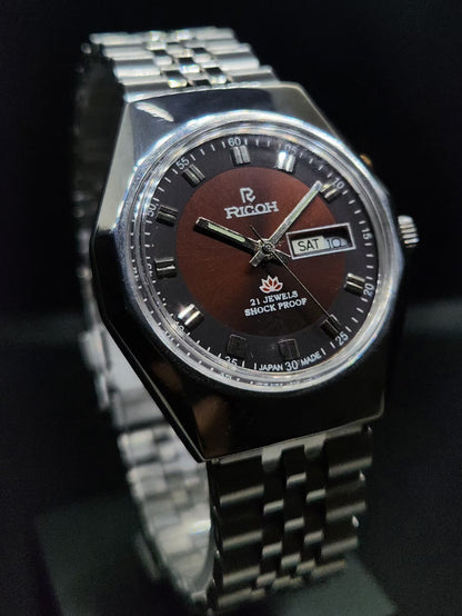 Vintage Ricoh R31 Automatic Brown Face New Bracelet 21 Jewels Day-Date Men's Wrist Watch AS07