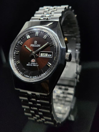 Vintage Ricoh R31 Automatic Brown Face New Bracelet 21 Jewels Day-Date Men's Wrist Watch AS07