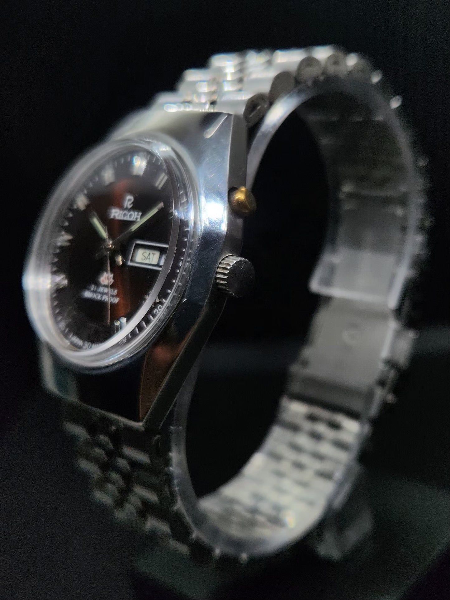 Vintage Ricoh R31 Automatic Brown Face New Bracelet 21 Jewels Day-Date Men's Wrist Watch AS07