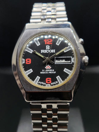 Vintage Ricoh R31 Automatic Black Face New Bracelet 21 Jewels Day-Date Men's Wrist Watch AS08