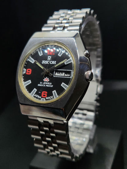 Vintage Ricoh R31 Automatic Black Face New Bracelet 21 Jewels Day-Date Men's Wrist Watch AS08