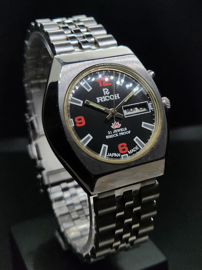 Vintage Ricoh R31 Automatic Black Face New Bracelet 21 Jewels Day-Date Men's Wrist Watch AS08