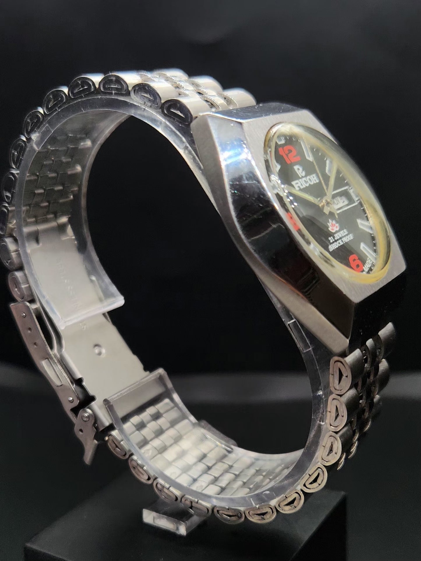 Vintage Ricoh R31 Automatic Black Face New Bracelet 21 Jewels Day-Date Men's Wrist Watch AS08