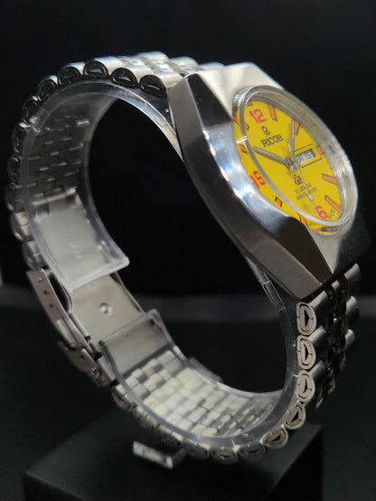 Vintage Ricoh R31 Automatic Yellow Face New Bracelet 21 Jewels Day-Date Men's Wrist Watch AS09