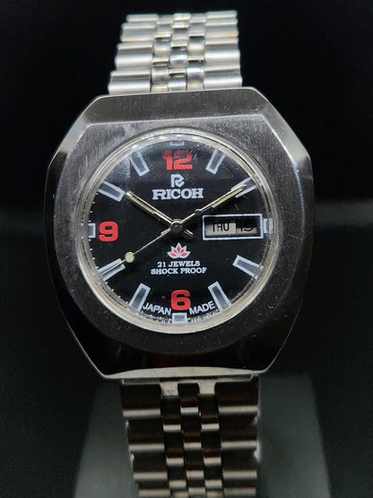 Vintage Ricoh R31 Automatic Black Face New Bracelet 21 Jewels Day-Date Men's Wrist Watch AS10