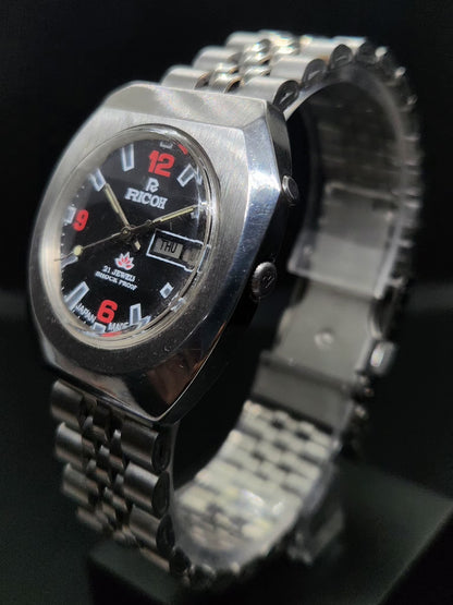 Vintage Ricoh R31 Automatic Black Face New Bracelet 21 Jewels Day-Date Men's Wrist Watch AS10