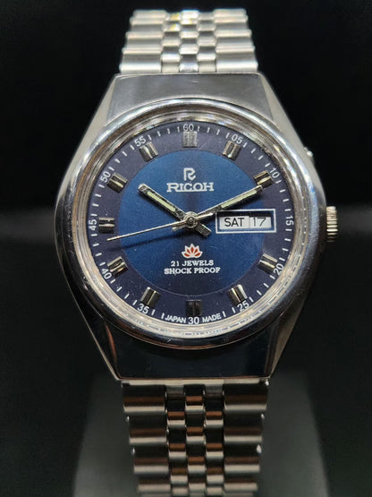Vintage Ricoh R31 Automatic Blue Face New Bracelet 21 Jewels Day-Date Men's Wrist Watch AS11