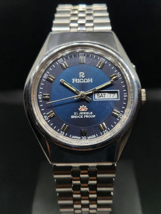 Vintage Ricoh R31 Automatic Blue Face New Bracelet 21 Jewels Day-Date Men's Wrist Watch AS11