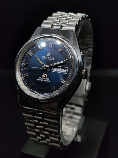 Vintage Ricoh R31 Automatic Blue Face New Bracelet 21 Jewels Day-Date Men's Wrist Watch AS11