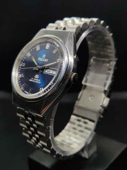 Vintage Ricoh R31 Automatic Blue Face New Bracelet 21 Jewels Day-Date Men's Wrist Watch AS11