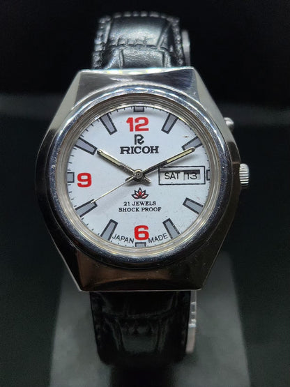 Vintage Ricoh R31 Automatic White Face New Strap 21 Jewels Day-Date Men's Wrist Watch AS12