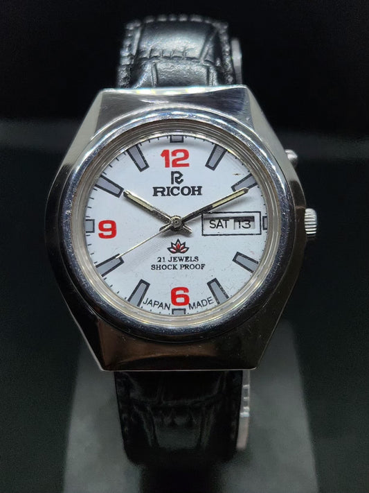 Vintage Ricoh R31 Automatic White Face New Strap 21 Jewels Day-Date Men's Wrist Watch AS12