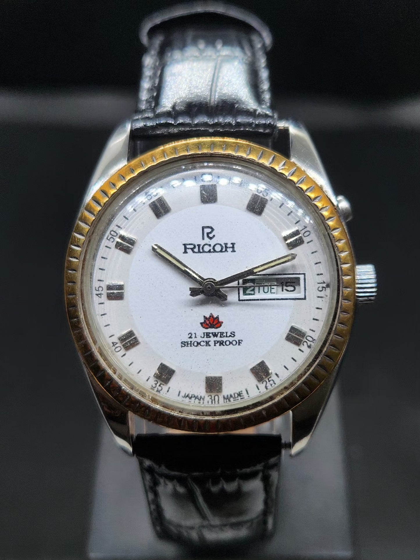 Vintage Ricoh R31 Automatic White Face New Strap 21 Jewels Day-Date Men's Wrist Watch AS13