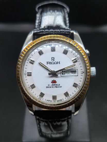 Vintage Ricoh R31 Automatic White Face New Strap 21 Jewels Day-Date Men's Wrist Watch AS13