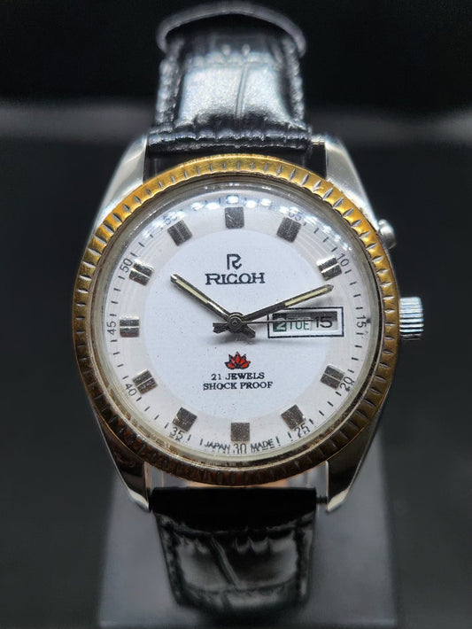 Vintage Ricoh R31 Automatic White Face New Strap 21 Jewels Day-Date Men's Wrist Watch AS13